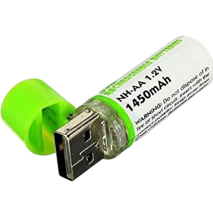 GreenEarth USB Rechargeable AA Batteries 1450mAh NiMH with built-in USB-A connector and green flip cap