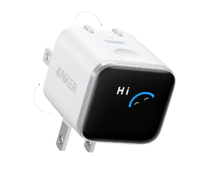 Anker Nano 45W USB-C wall charger with smart display shows charging speed in real-time. Foldable plug, compact design, battery health protection.