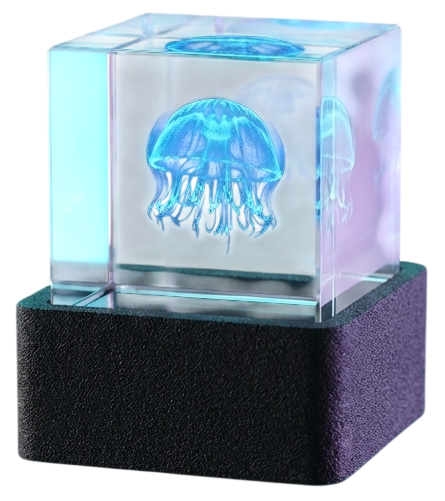 HolaCube WiFi holographic crystal 3D photo display showing floating images on a desk