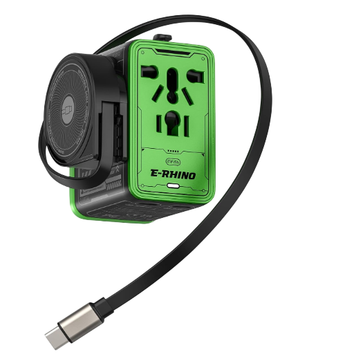 Mfish universal travel adapter with retractable USB-C cable, 75W GaN charger with 5 ports for worldwide use